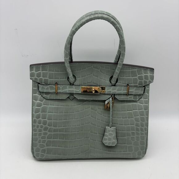 Custom Handbags - Custom 30cm Dusty Sea Foam Blue Grey Crocodile Leather ghw Top Handle Birkin Bag